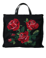 Dolce & Gabbana Black Cashmere Rose Embroidery Shopping Tote Bag -  Luxury Shopper Bag for Women -  Dolce & Gabbana.