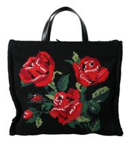 Dolce & Gabbana Black Cashmere Rose Embroidery Shopping Tote Bag -  Luxury Shopper Bag for Women -  Dolce & Gabbana.