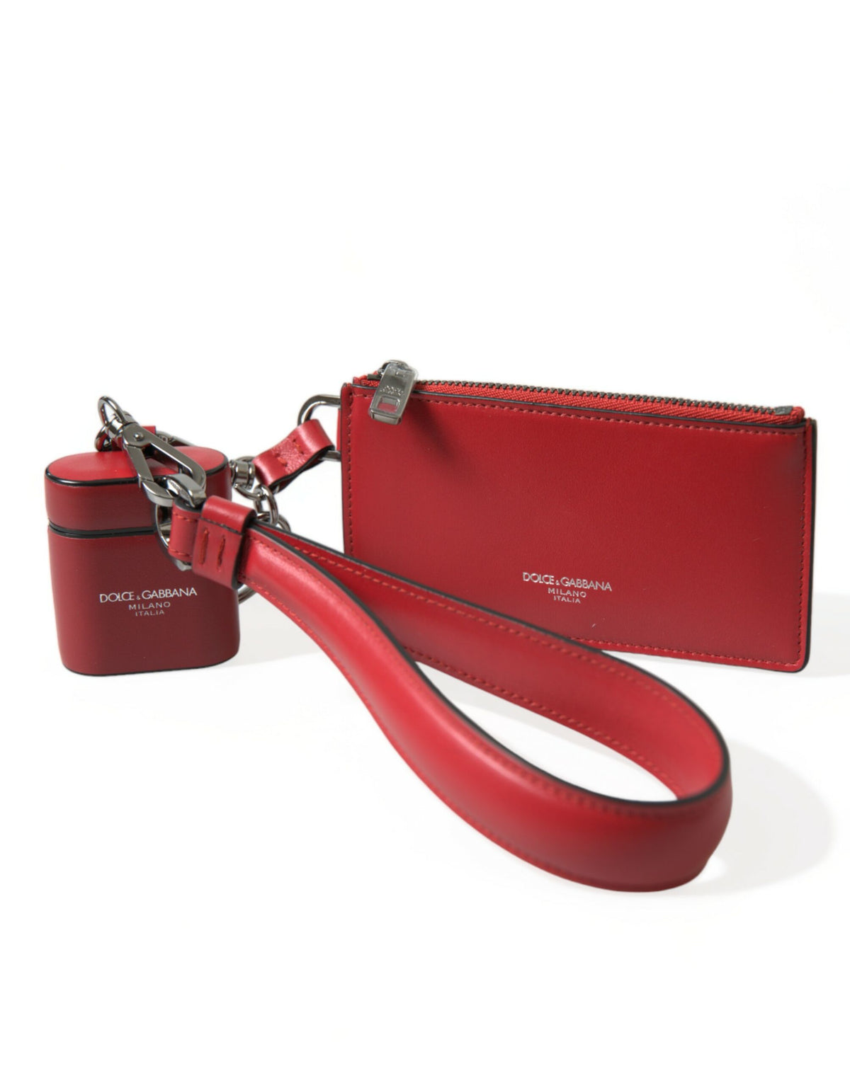 Dolce & Gabbana Red Leather Silver Metal Logo Strap Pouch Airpods Case -   -  Dolce & Gabbana.
