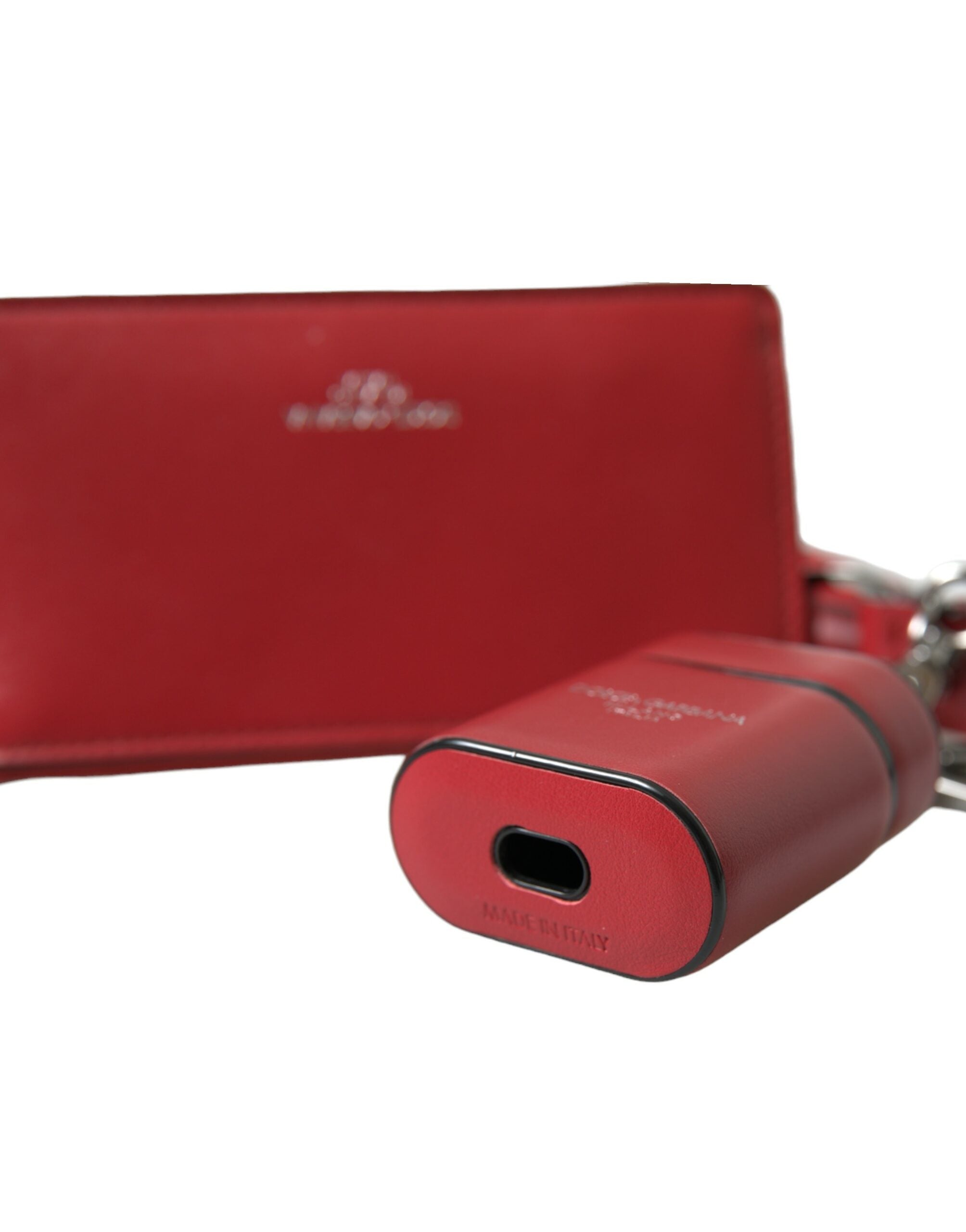 Dolce & Gabbana Red Leather Silver Metal Logo Strap Pouch Airpods Case -   -  Dolce & Gabbana.