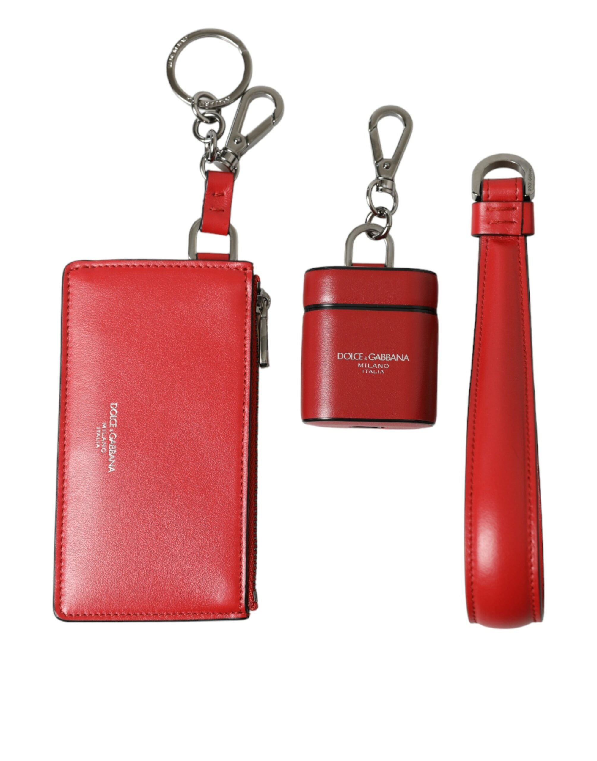 Dolce & Gabbana Red Leather Silver Metal Logo Strap Pouch Airpods Case -   -  Dolce & Gabbana.