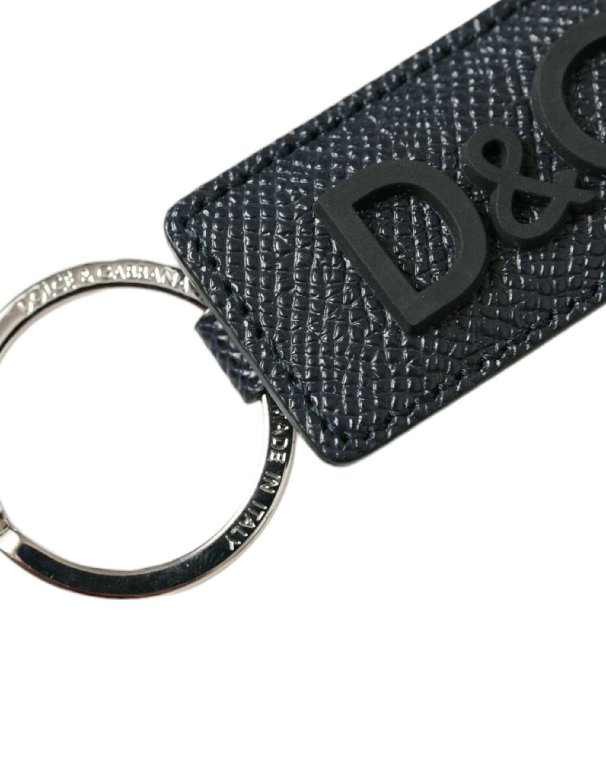 Dolce & Gabbana Black Calf Leather DG Logo Silver Brass Keyring Keychain -   -  Dolce & Gabbana.