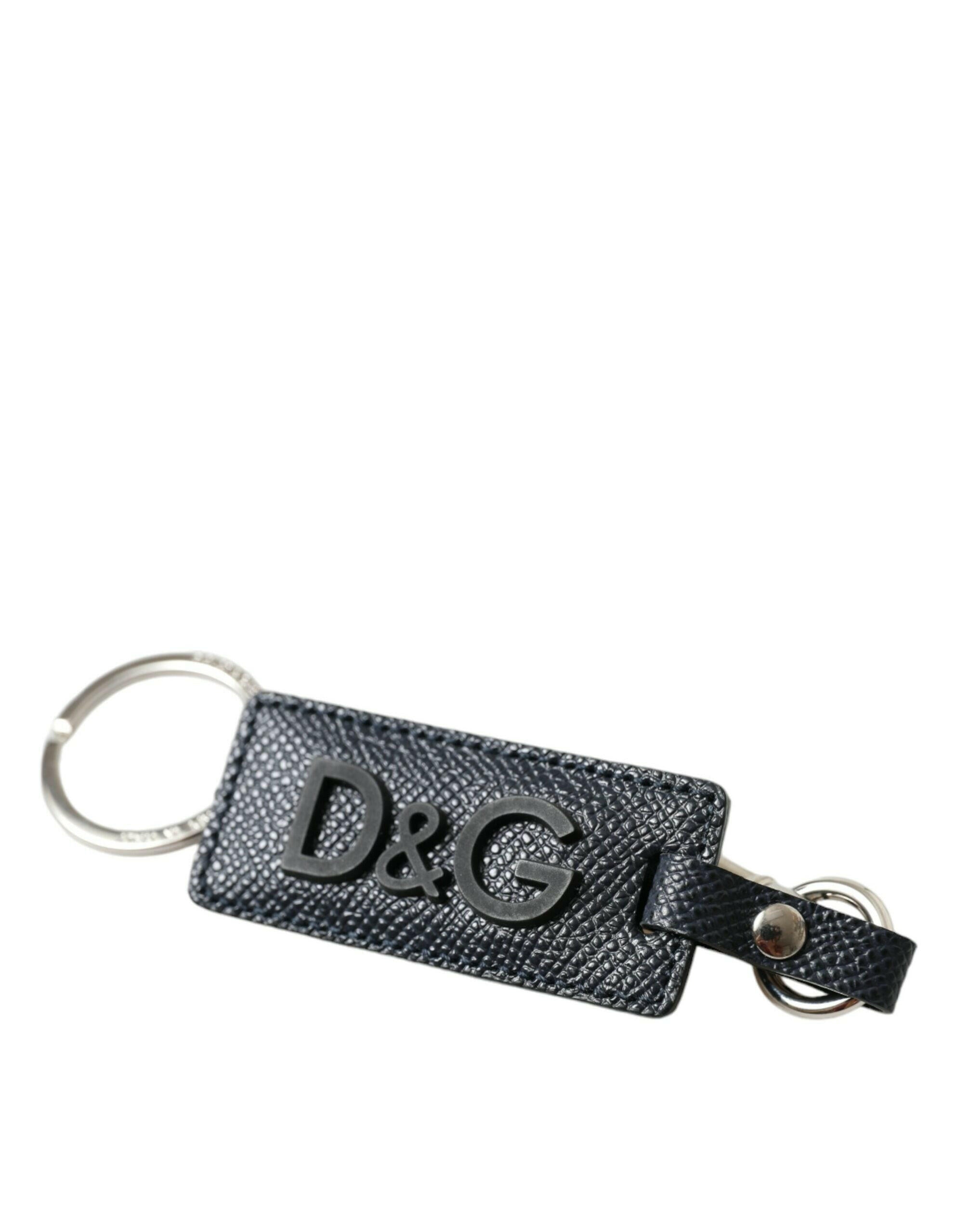 Dolce & Gabbana Black Calf Leather DG Logo Silver Brass Keyring Keychain -   -  Dolce & Gabbana.