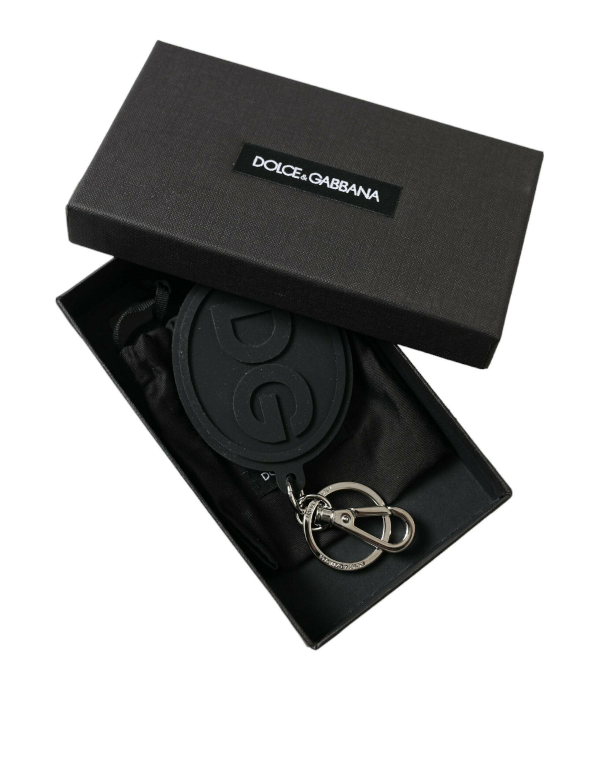Dolce & Gabbana Black Rubber DG Logo Silver Brass Metal Keyring Keychain -   -  Dolce & Gabbana.