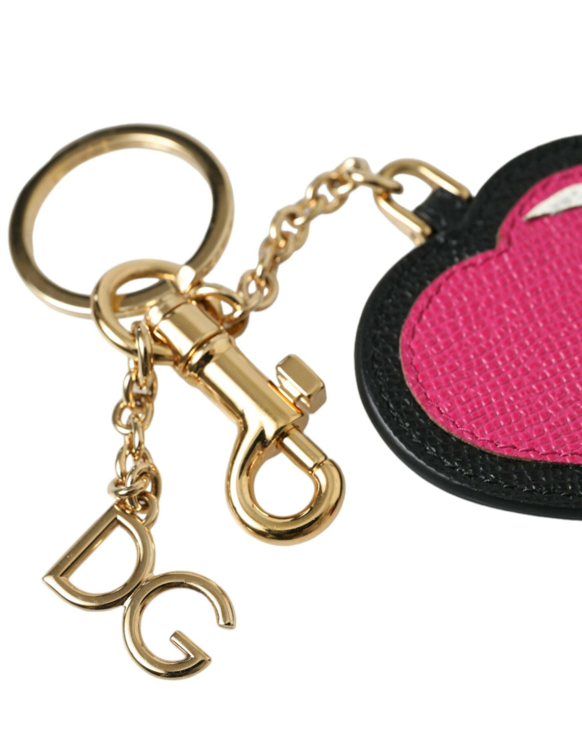Dolce & Gabbana Pink Black Heart Leather Gold Tone Brass Keyring Keychain -   -  Dolce & Gabbana.