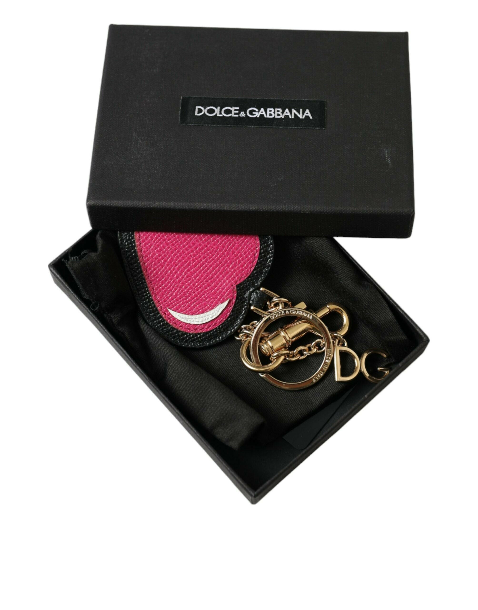 Dolce & Gabbana Pink Black Heart Leather Gold Tone Brass Keyring Keychain -   -  Dolce & Gabbana.