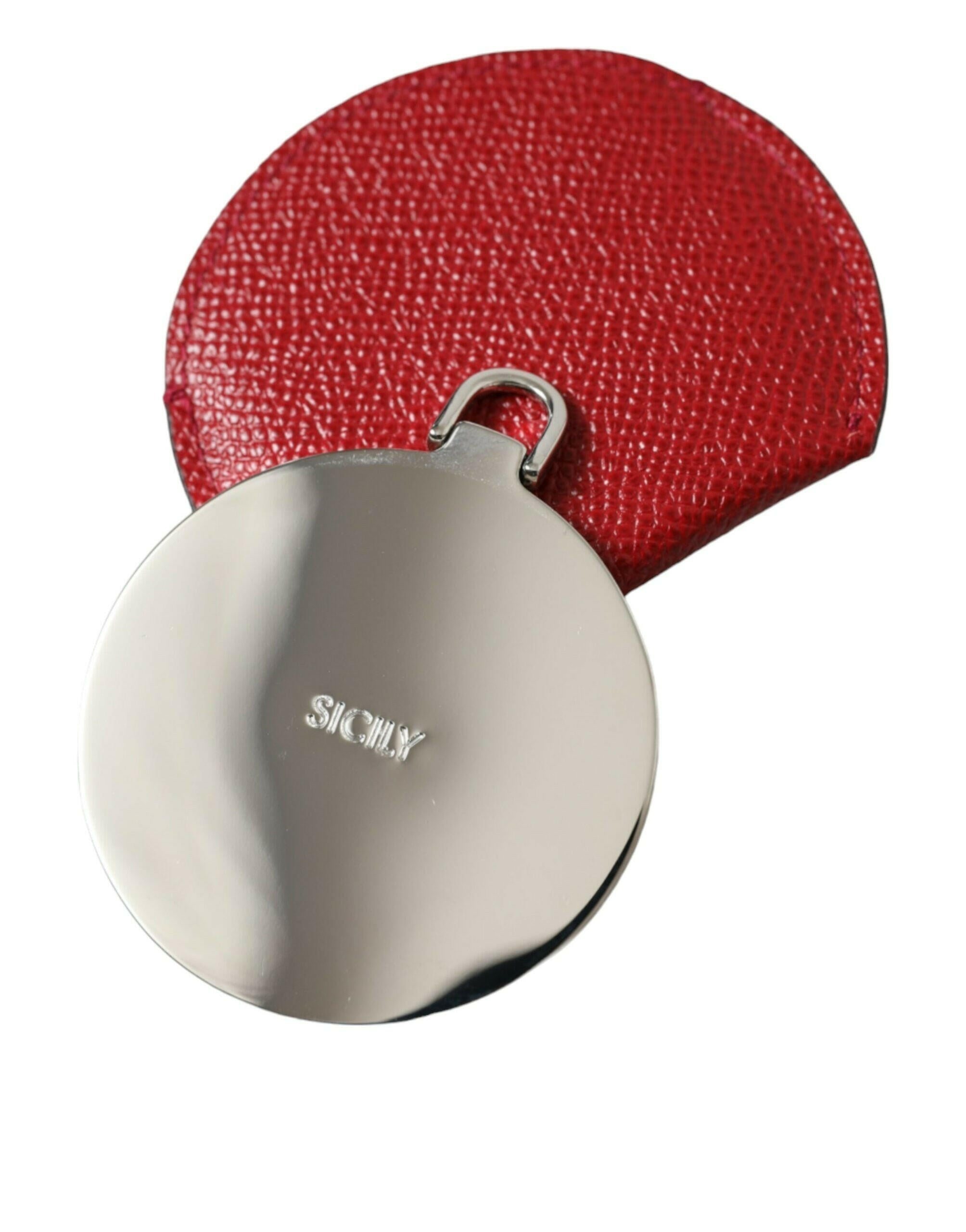Dolce & Gabbana Red Calfskin Leather Round Logo Hand Mirror Holder -   -  Dolce & Gabbana.