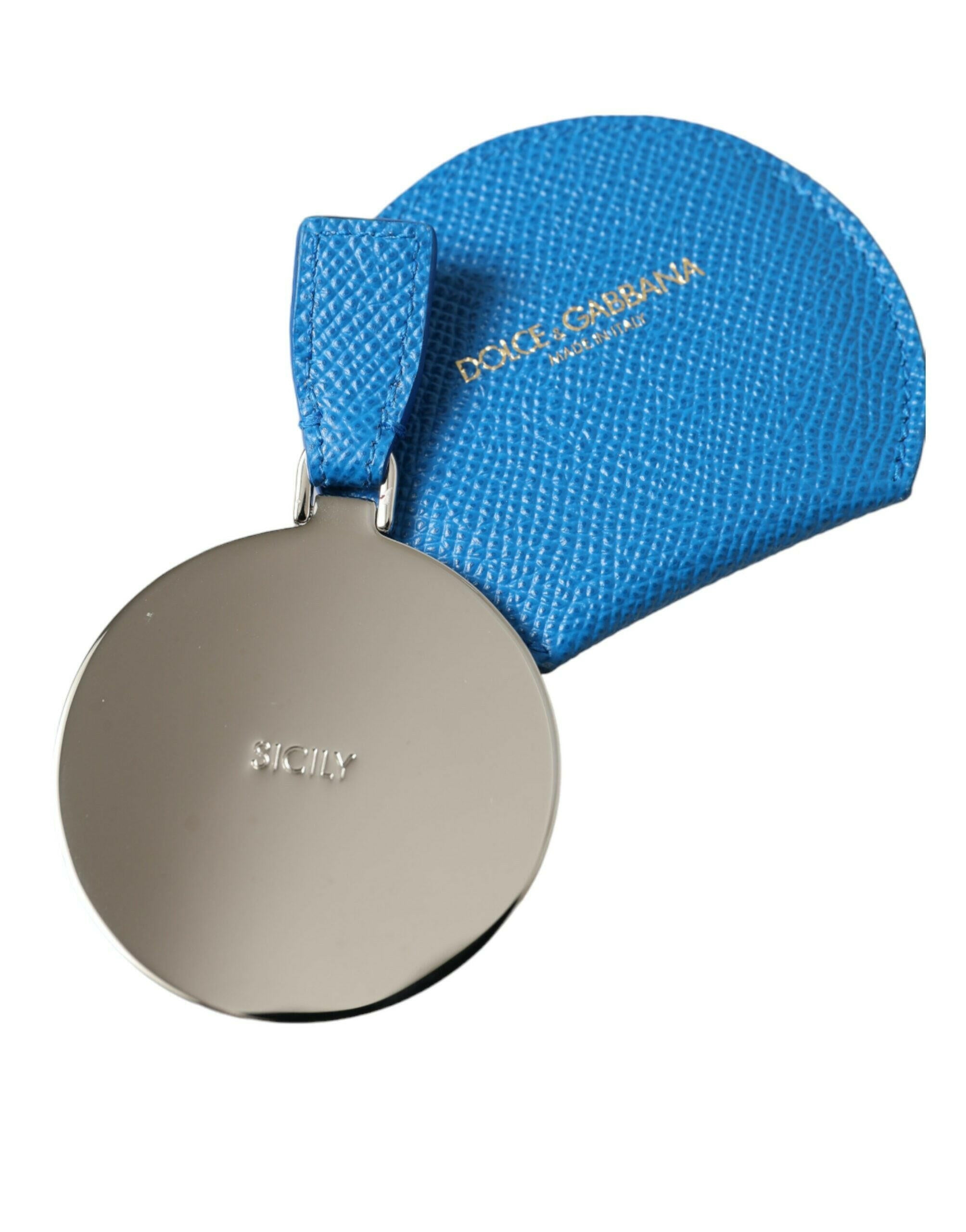 Dolce & Gabbana Blue Calfskin Leather Round Logo Hand Mirror Holder -   -  Dolce & Gabbana.