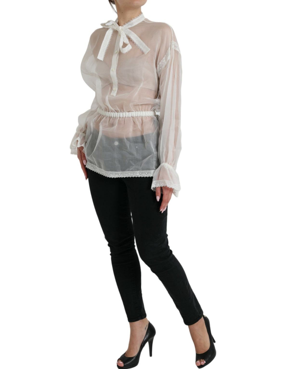 Dolce & Gabbana White Silk Long Sleeves Ascot Collar Top -   -  Dolce & Gabbana.