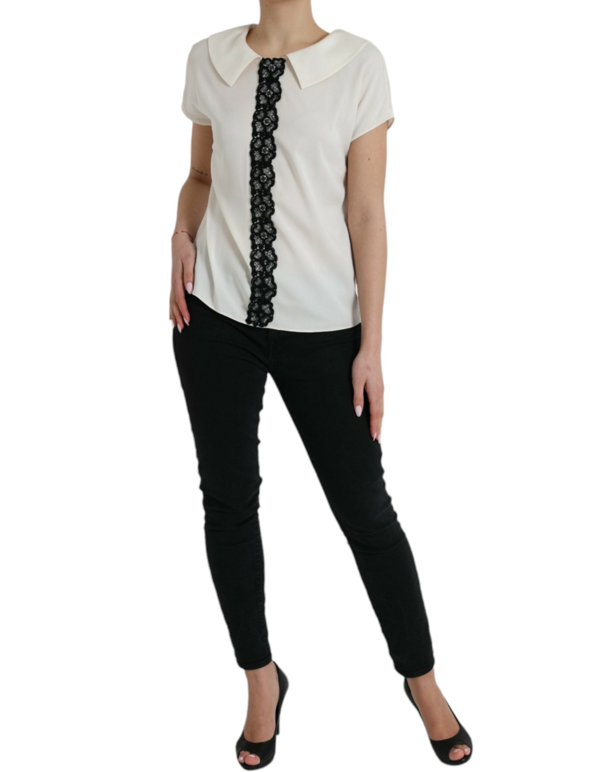 Dolce & Gabbana Off White Silk Lace Trim Short Sleeves Top -   -  Dolce & Gabbana.