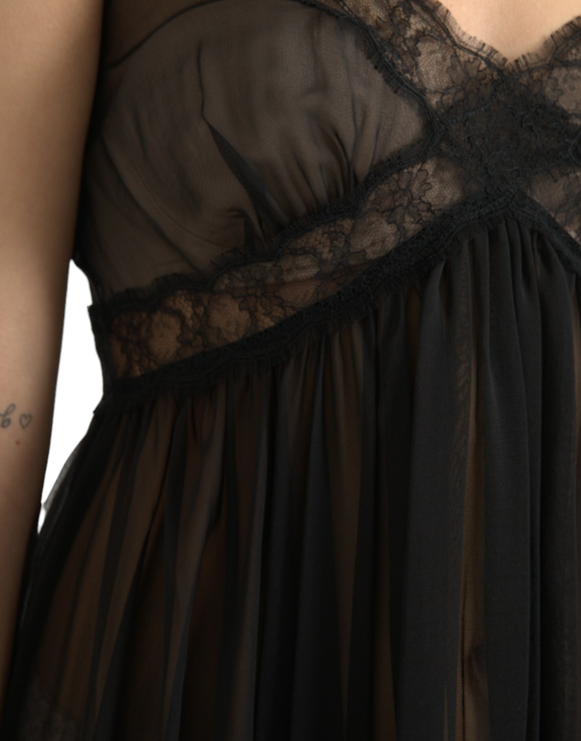 Dolce & Gabbana Black Silk Pleated Lace Chiffon Mini Dress -   -  Dolce & Gabbana.