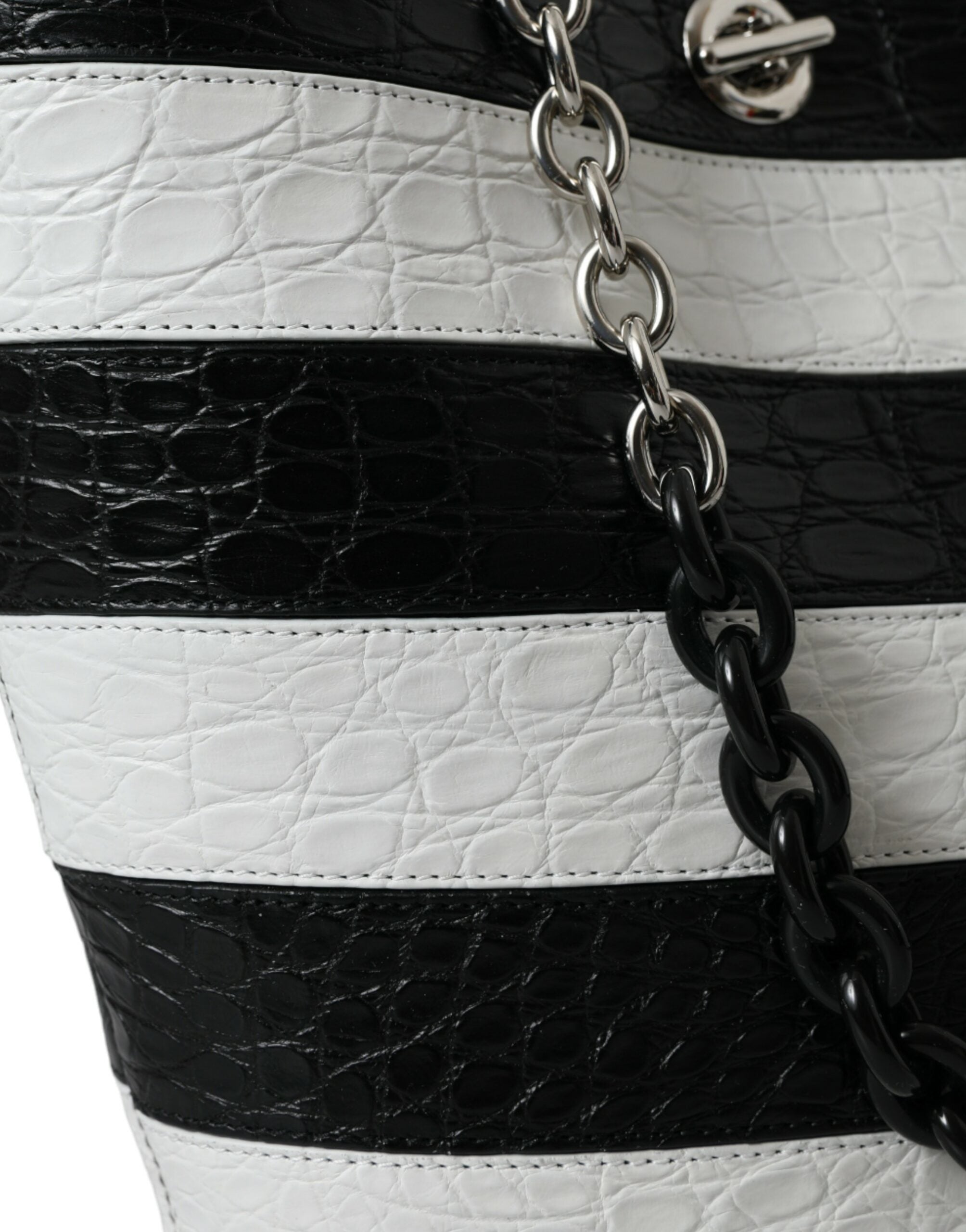 Balenciaga Black White Striped Exotic Skin Leather Maxi Bucket Tote Bag -   -  Balenciaga.
