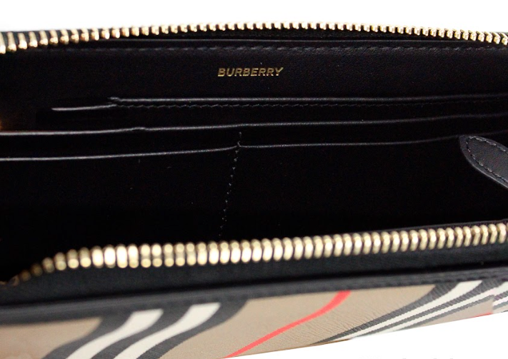 Burberry Ellerby Black Leather Icon Stripe Canvas Zip Around Continental Wallet -   -  Burberry.