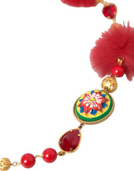 Dolce & Gabbana Gold Brass Red Fur Crystal Carretto Chain Necklace -   -  Dolce & Gabbana.