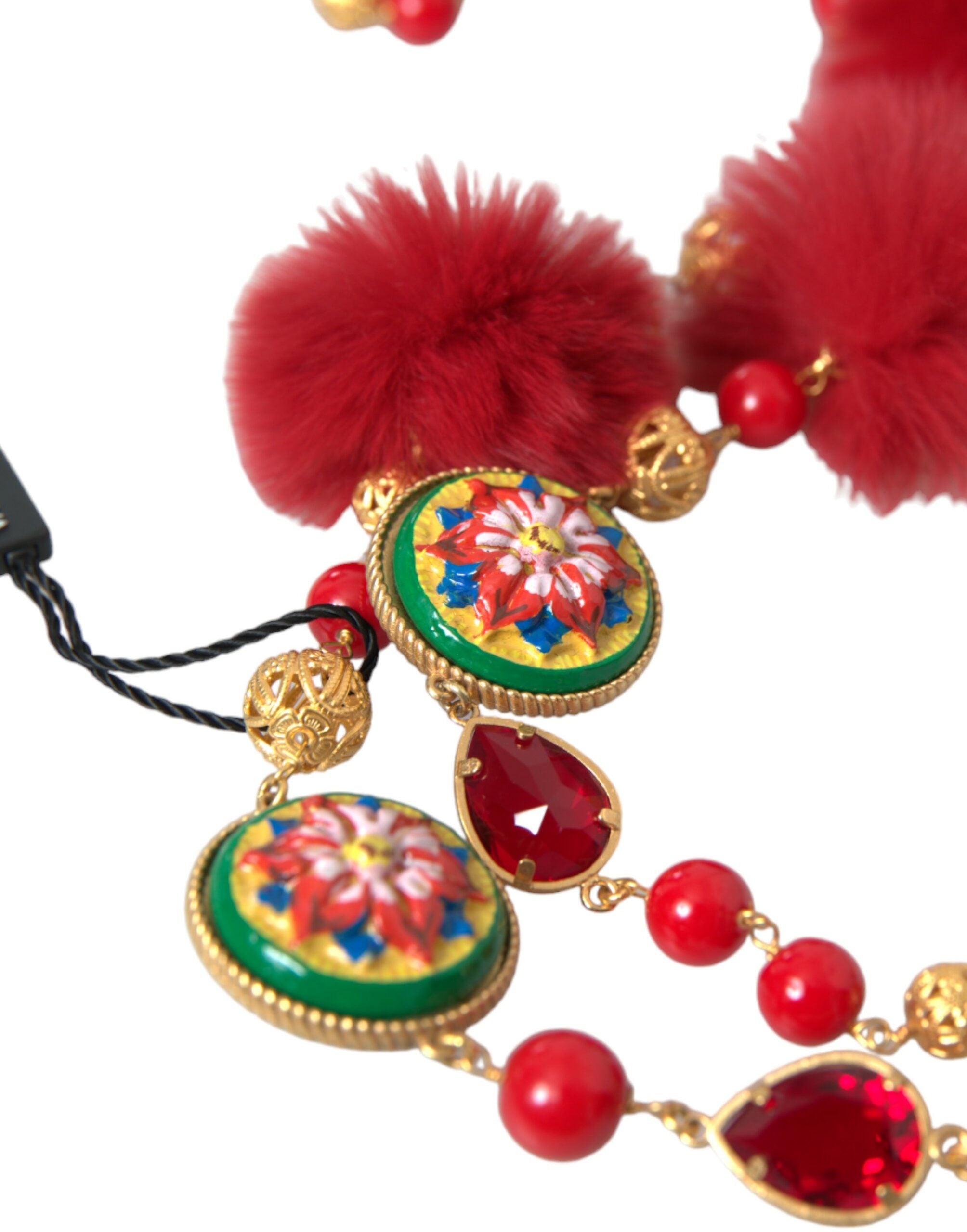 Dolce & Gabbana Gold Brass Red Fur Crystal Carretto Chain Necklace -   -  Dolce & Gabbana.