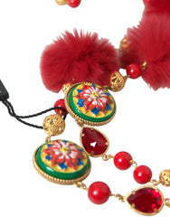 Dolce & Gabbana Gold Brass Red Fur Crystal Carretto Chain Necklace -   -  Dolce & Gabbana.