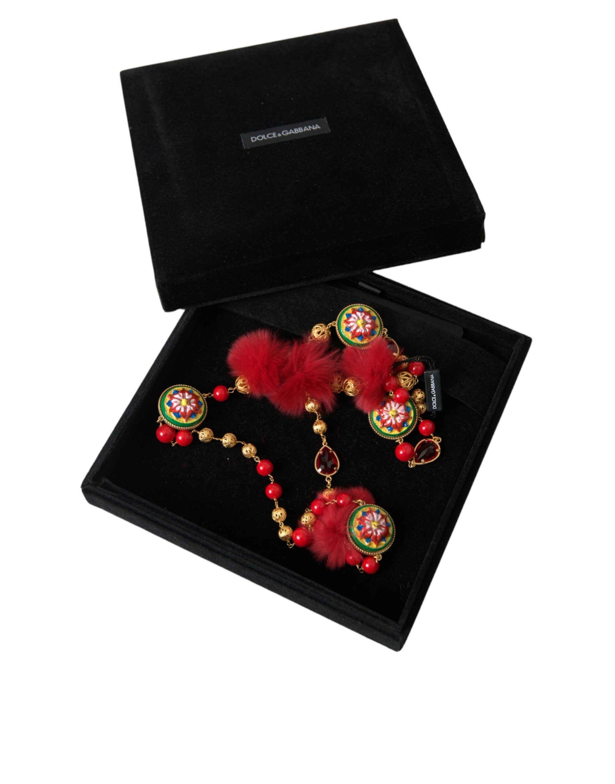 Dolce & Gabbana Gold Brass Red Fur Crystal Carretto Chain Necklace -   -  Dolce & Gabbana.