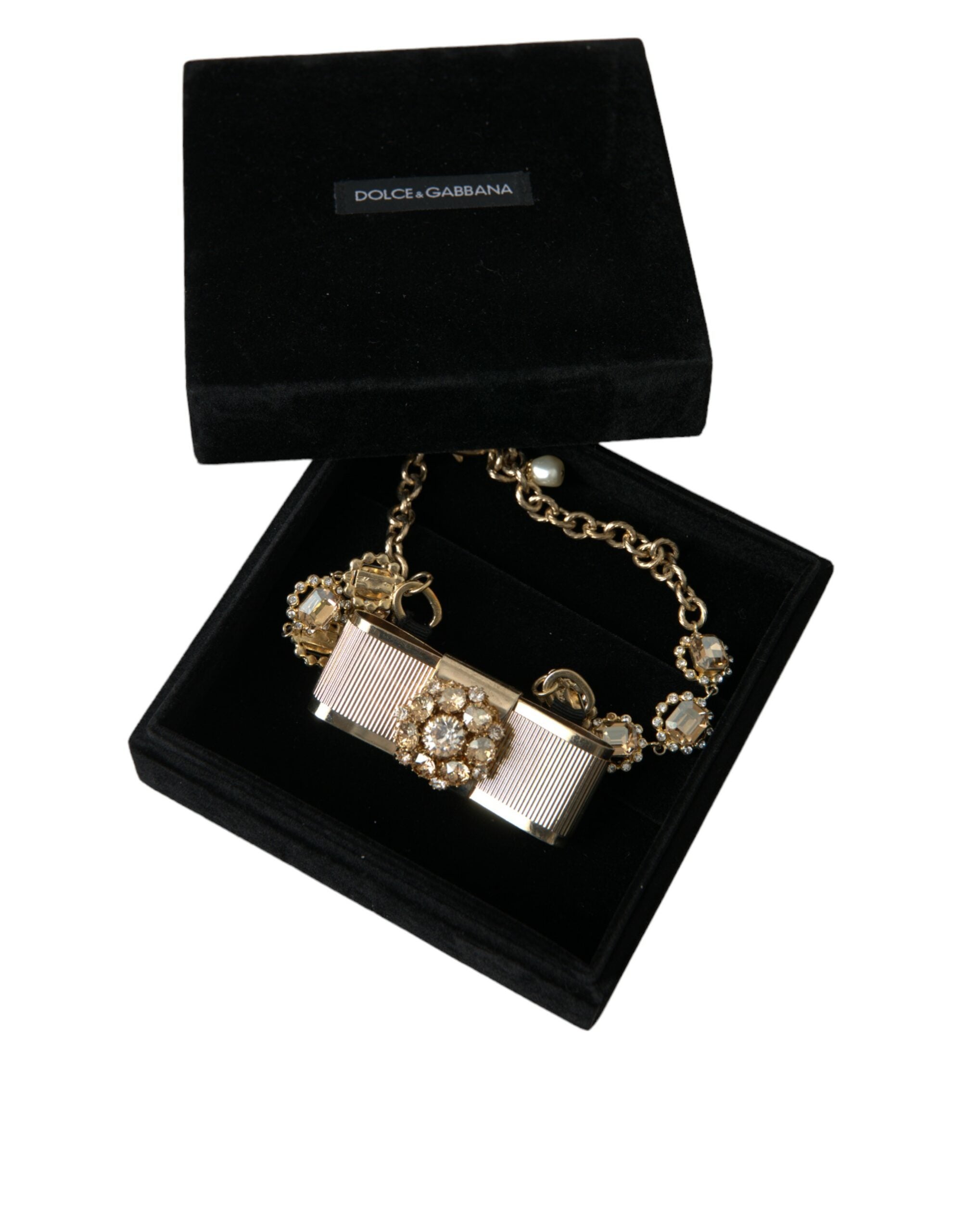 Dolce & Gabbana Gold Brass Clear Crystal Bow Chain Choker Necklace -   -  Dolce & Gabbana.