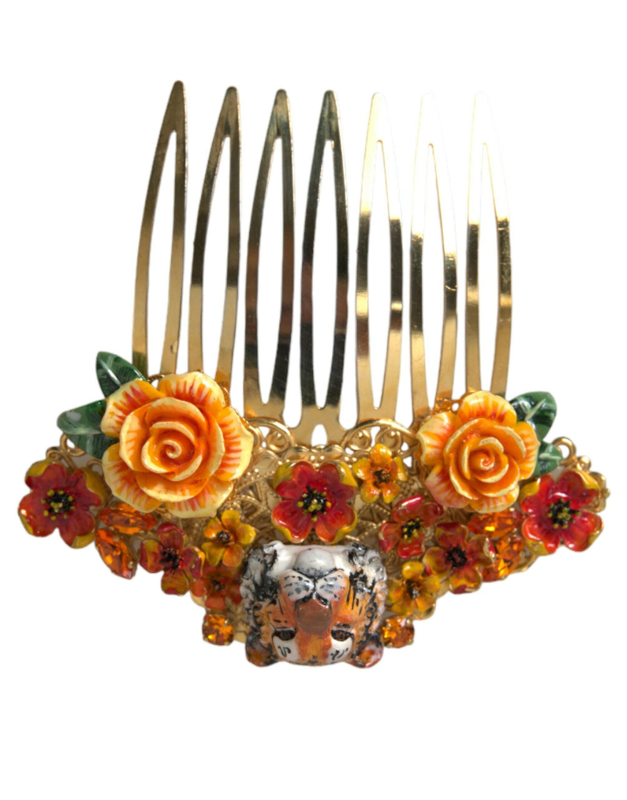 Dolce & Gabbana Gold Brass Crystal Leopard Floral Hair Comb -   -  Dolce & Gabbana.