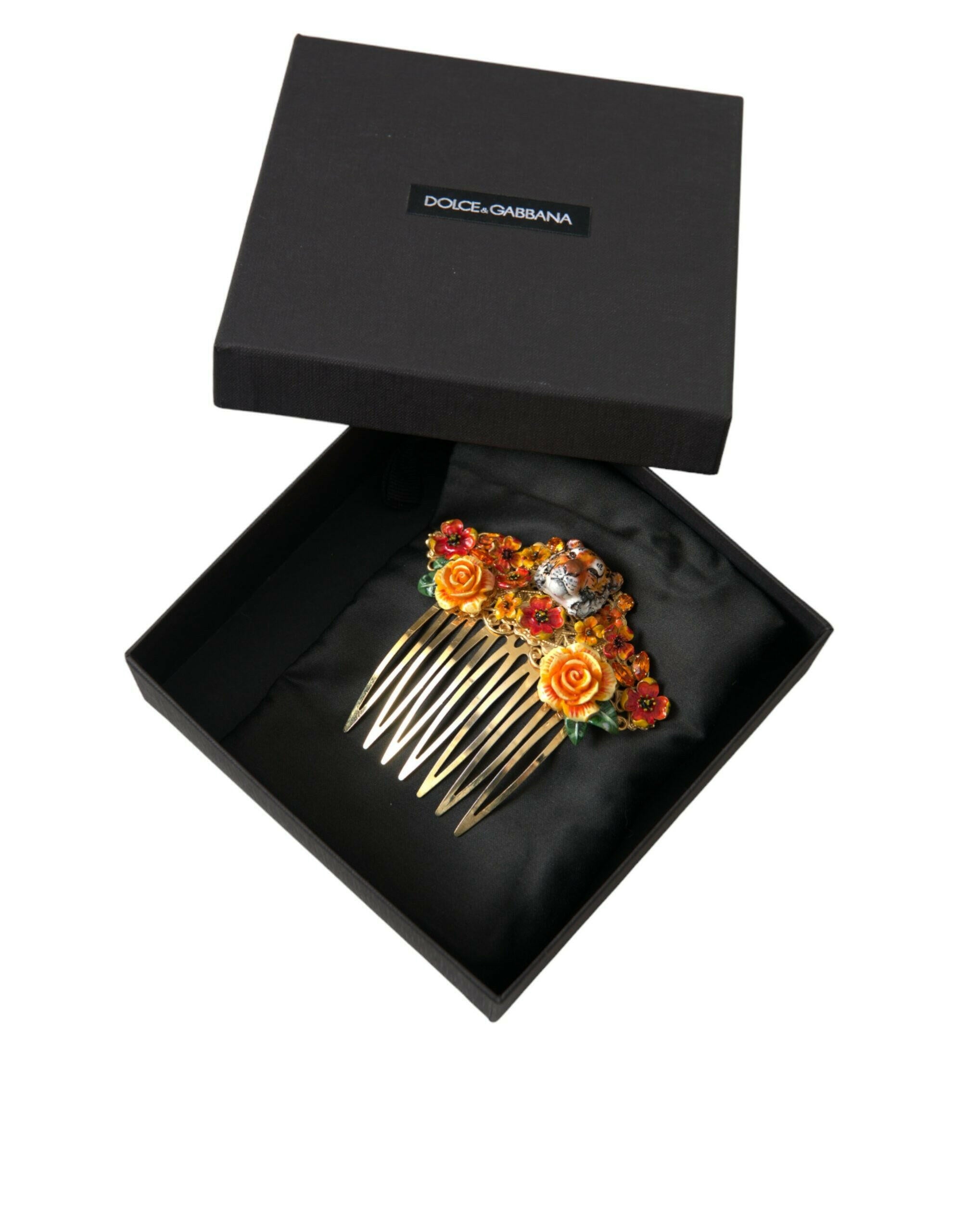Dolce & Gabbana Gold Brass Crystal Leopard Floral Hair Comb -   -  Dolce & Gabbana.
