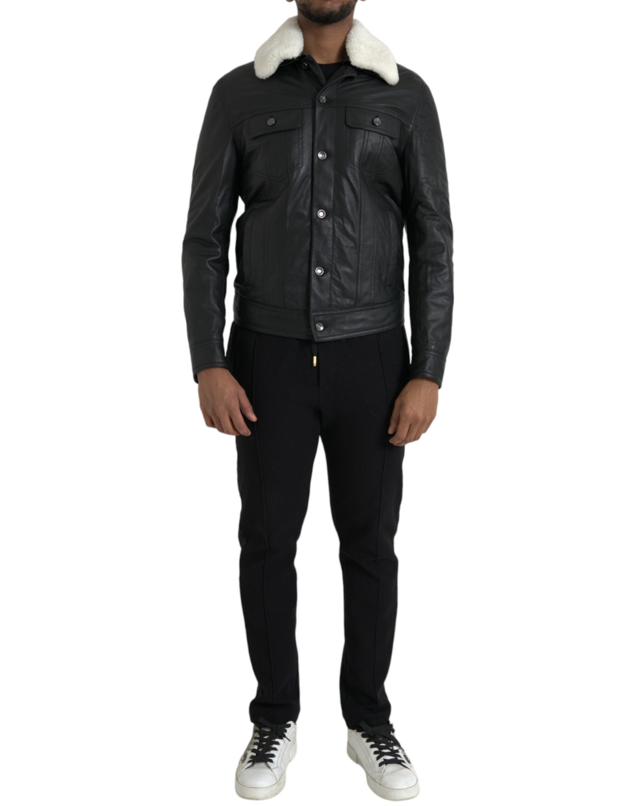 Dolce & Gabbana Black Leather Fur Collar Biker Coat Jacket -   -  Dolce & Gabbana.
