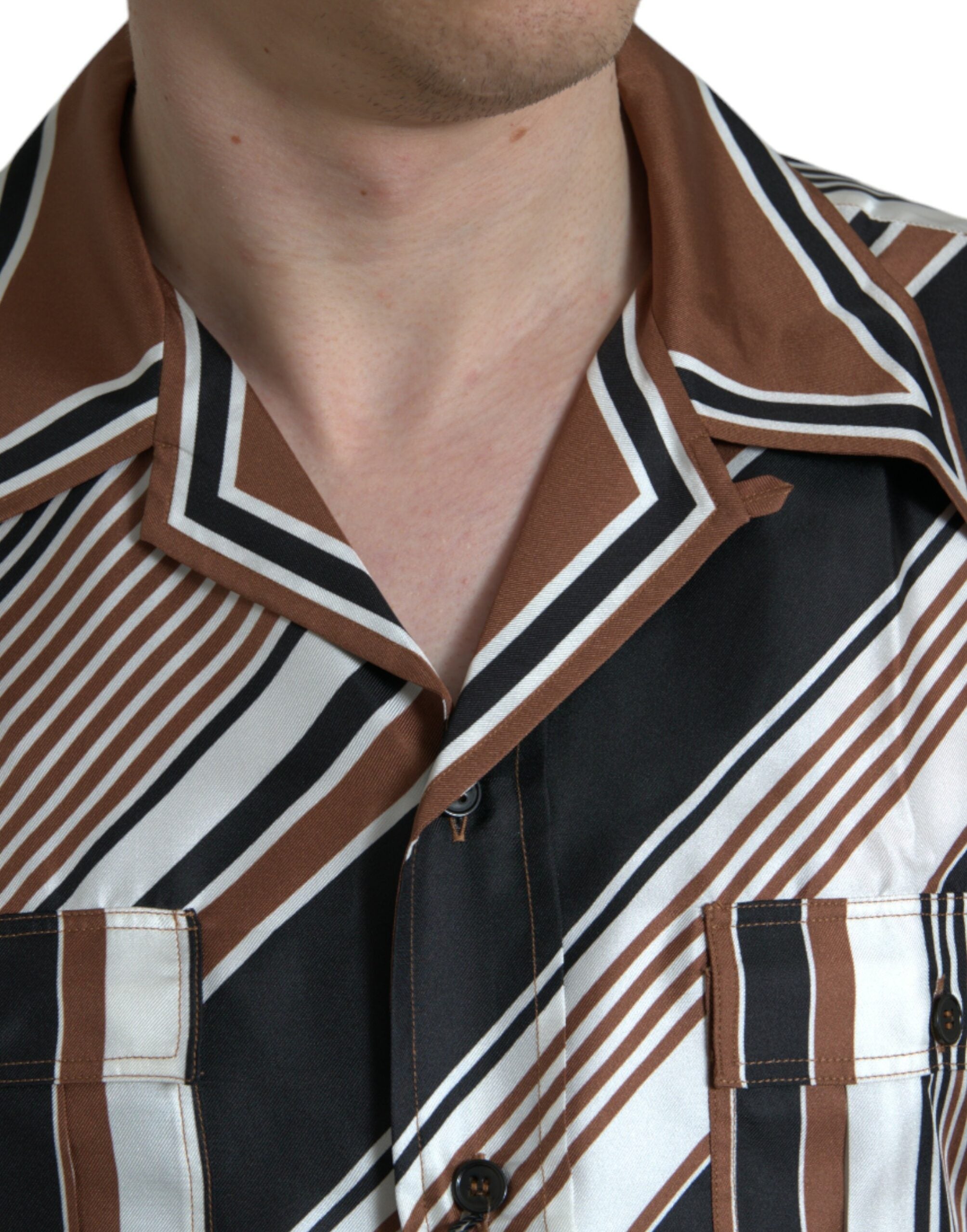 Dolce & Gabbana Brown White Silk Striped Short Sleeve Shirt -   -  Dolce & Gabbana.