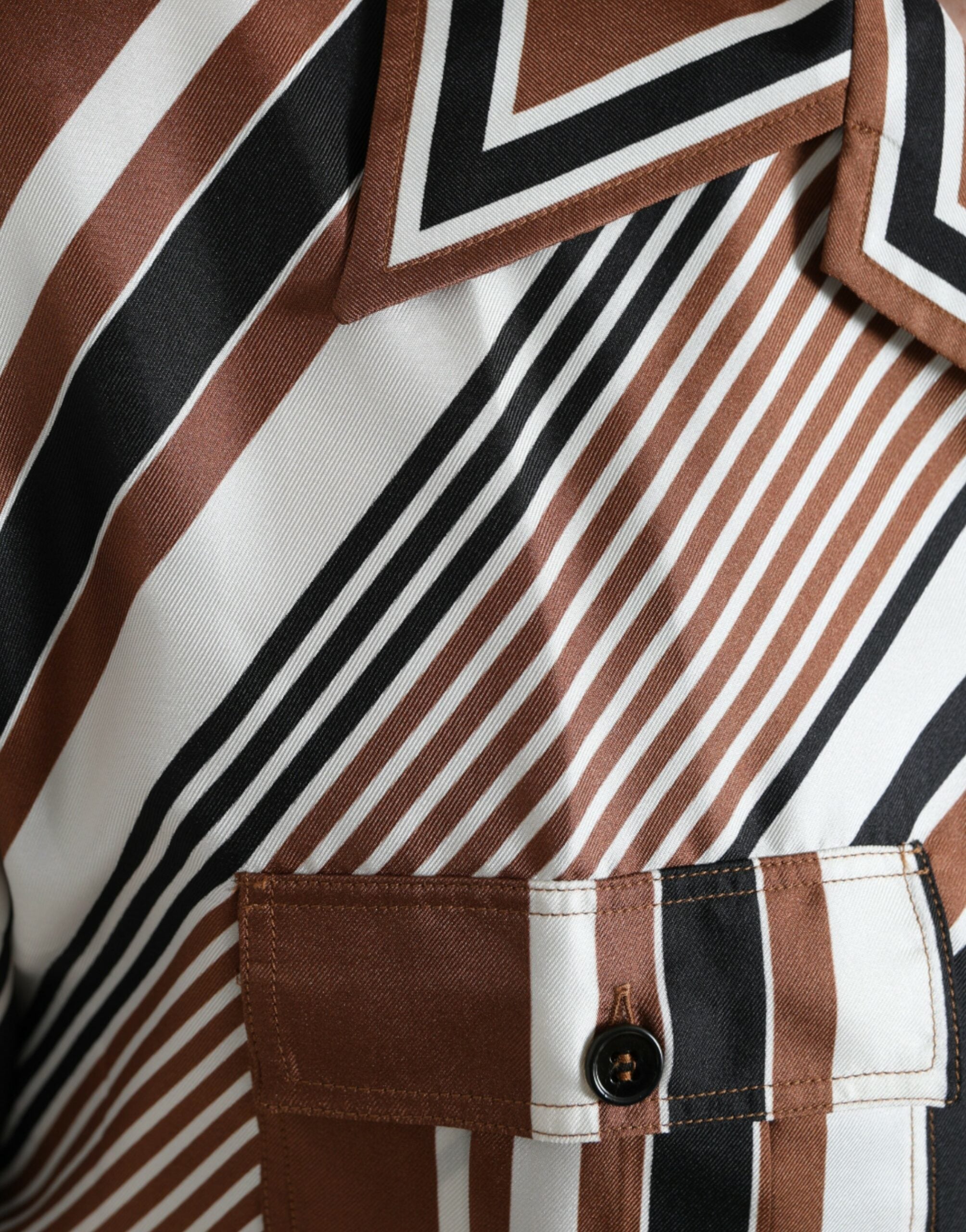Dolce & Gabbana Brown White Silk Striped Short Sleeve Shirt -   -  Dolce & Gabbana.