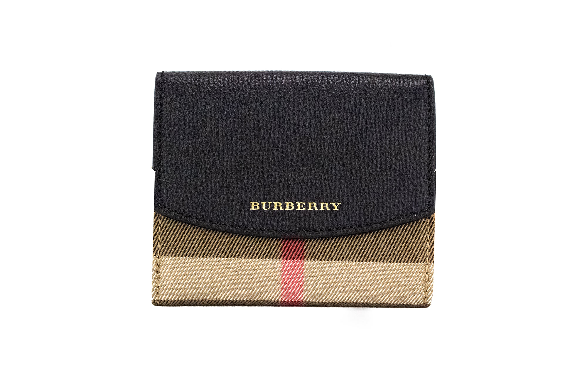 Burberry Luna Black Grained Leather House Check Canvas Coin Pouch Snap Wallet -   -  Burberry.