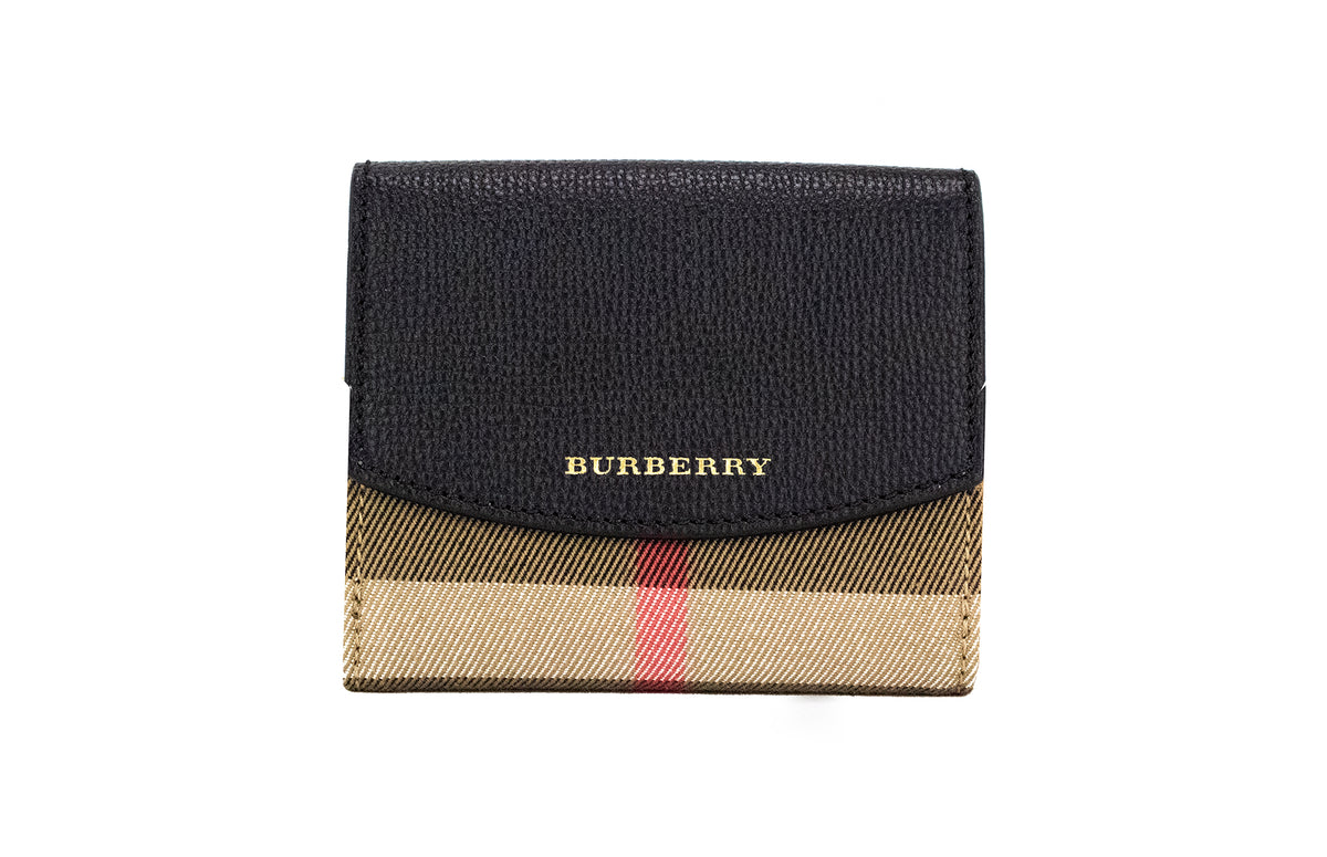 Burberry Luna Black Grained Leather House Check Canvas Coin Pouch Snap Wallet -   -  Burberry.