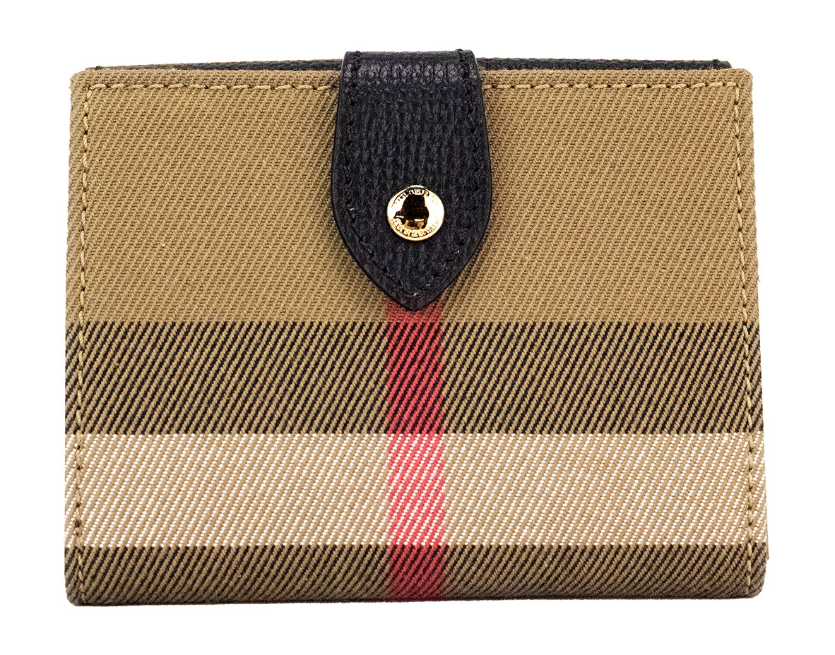 Burberry Luna Black Grained Leather House Check Canvas Coin Pouch Snap Wallet -   -  Burberry.