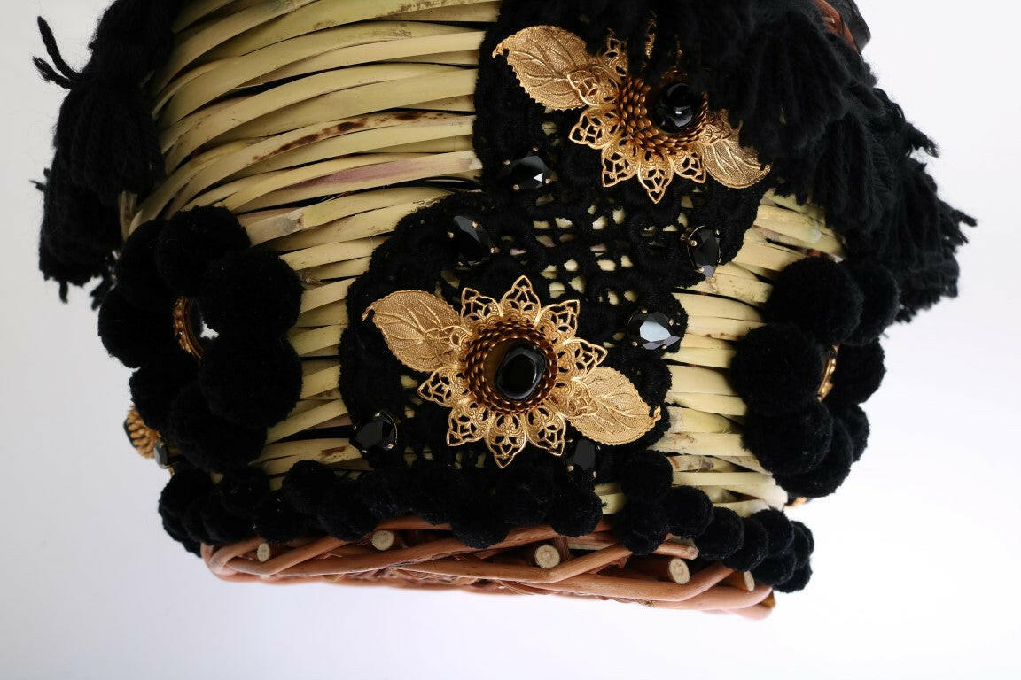 Dolce & Gabbana Beige Straw Snakeskin Pom Pom Crystal AGNESE Bag -   -  Dolce & Gabbana.