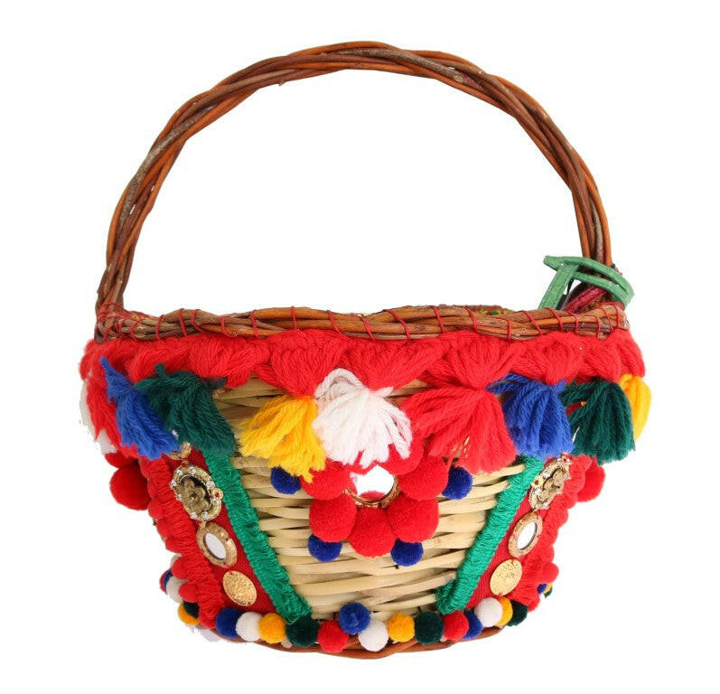 Dolce & Gabbana Multicolor AGNESE Straw Crystal  Pom Pom Bag -  Luxury Shopper Bag for Women -  Dolce & Gabbana.