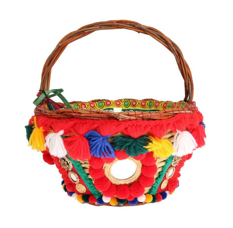Dolce & Gabbana Multicolor AGNESE Straw Crystal  Pom Pom Bag -  Luxury Shopper Bag for Women -  Dolce & Gabbana.