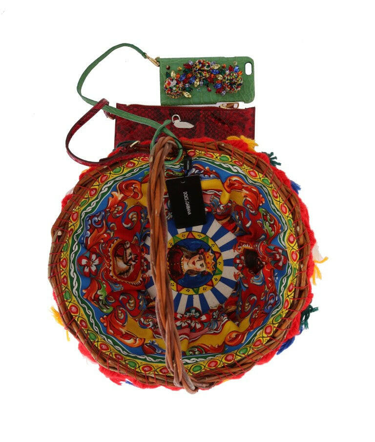 Dolce & Gabbana Multicolor AGNESE Straw Crystal  Pom Pom Bag -  Luxury Shopper Bag for Women -  Dolce & Gabbana.