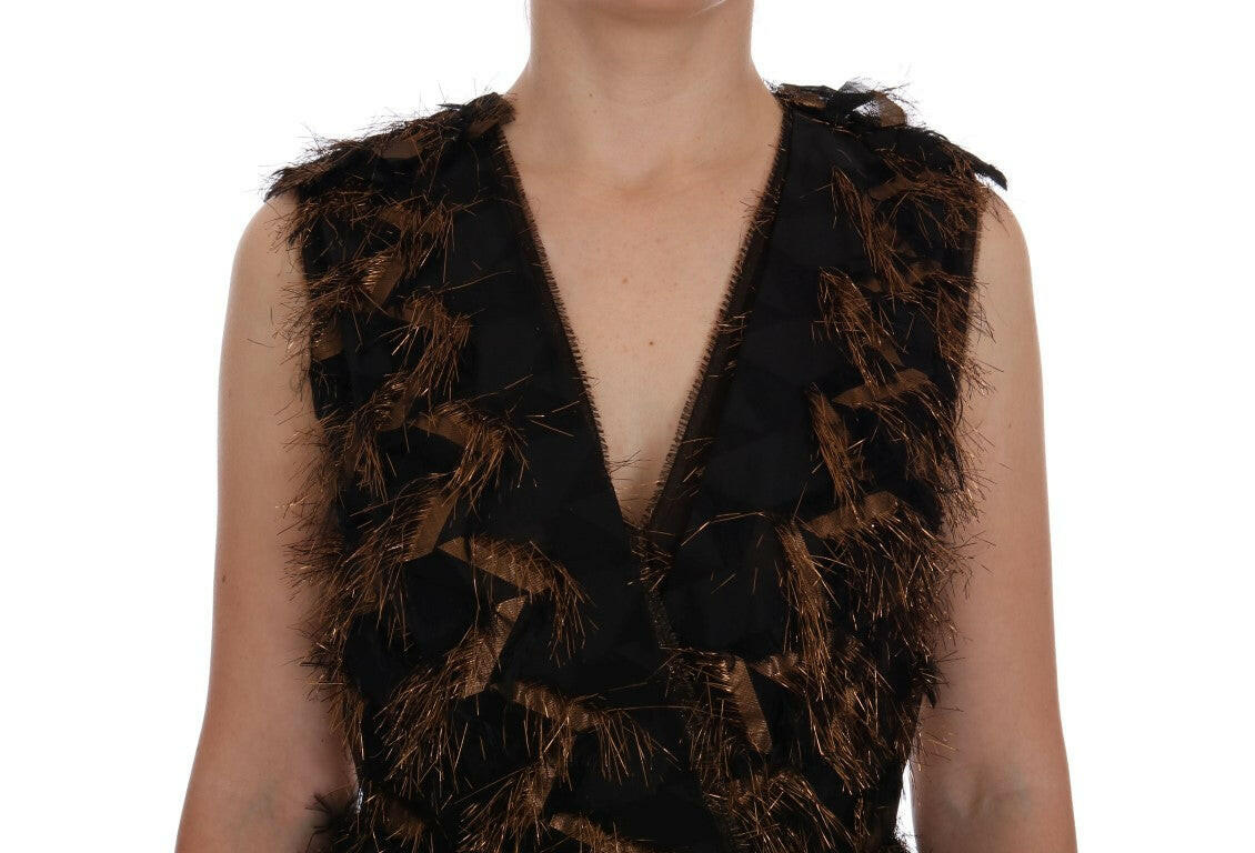 Dolce & Gabbana Black Silk Brown Fringes A-Line Dress -   -  Dolce & Gabbana.