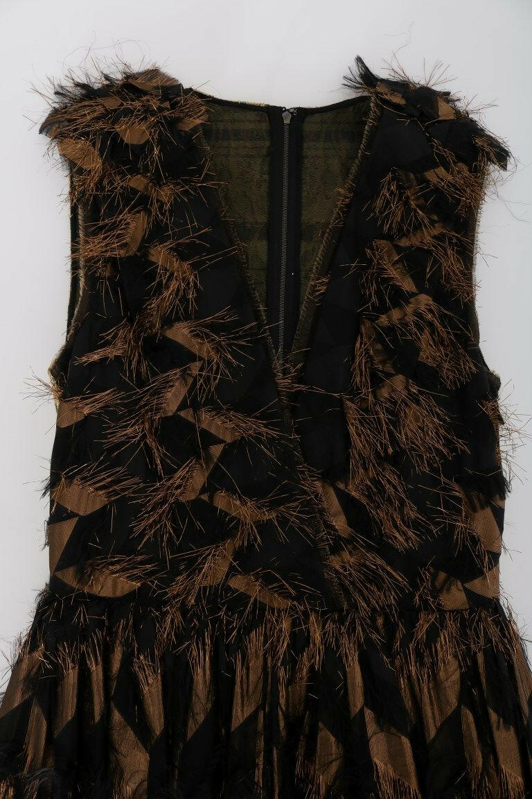 Dolce & Gabbana Black Silk Brown Fringes A-Line Dress -   -  Dolce & Gabbana.