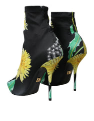 Dolce & Gabbana Black Floral Jersey Stretch Ankle Boots Shoes -   -  Dolce & Gabbana.