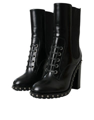 Dolce & Gabbana Black Leather Studded Lace Up Boots Shoes -   -  Dolce & Gabbana.