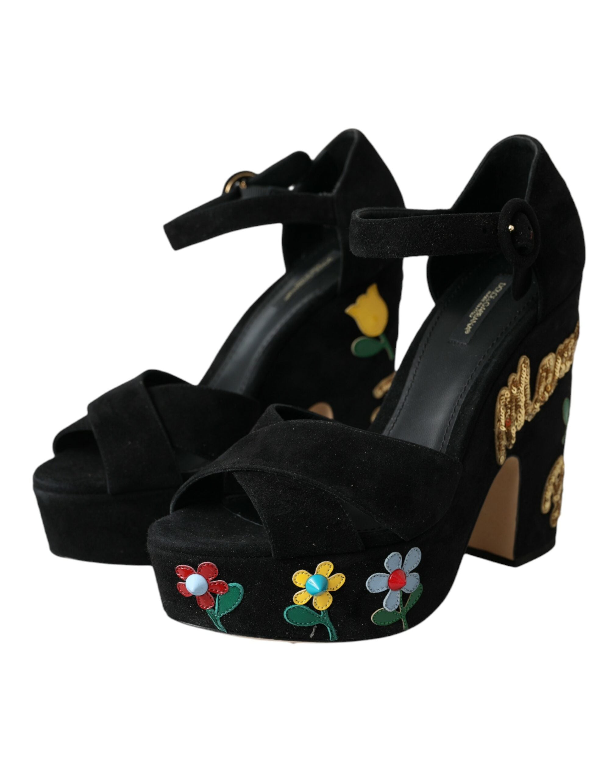Dolce & Gabbana Black Floral Ankle Strap Heels Sandals Shoes -   -  Dolce & Gabbana.