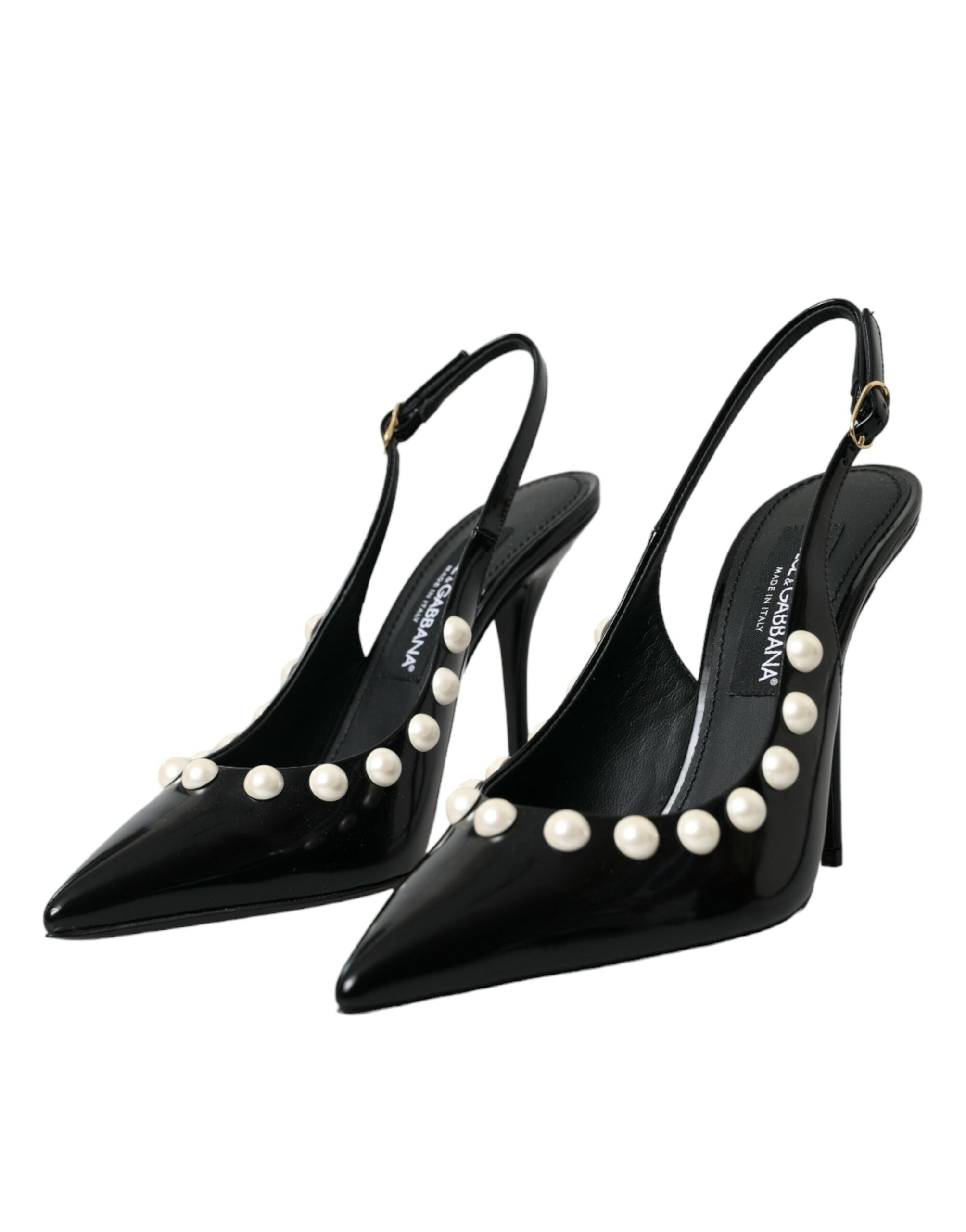 Dolce & Gabbana Black Leather Faux Pearl Heel Slingback Shoes -   -  Dolce & Gabbana.