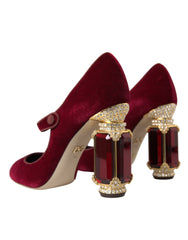 Dolce & Gabbana Red Velvet Gold Crystals Heels Mary Jane Shoes -   -  Dolce & Gabbana.