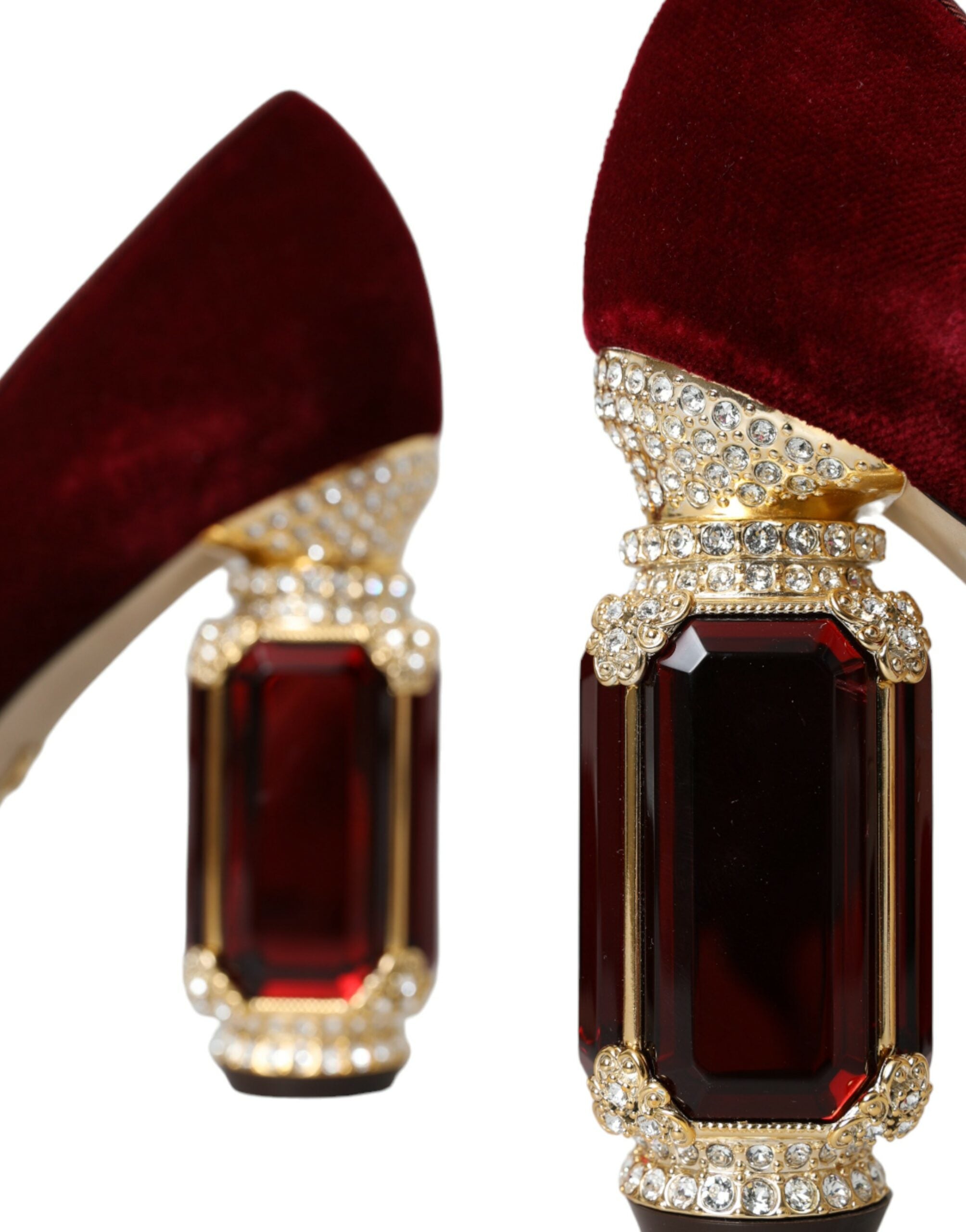Dolce & Gabbana Red Velvet Gold Crystals Heels Mary Jane Shoes -   -  Dolce & Gabbana.