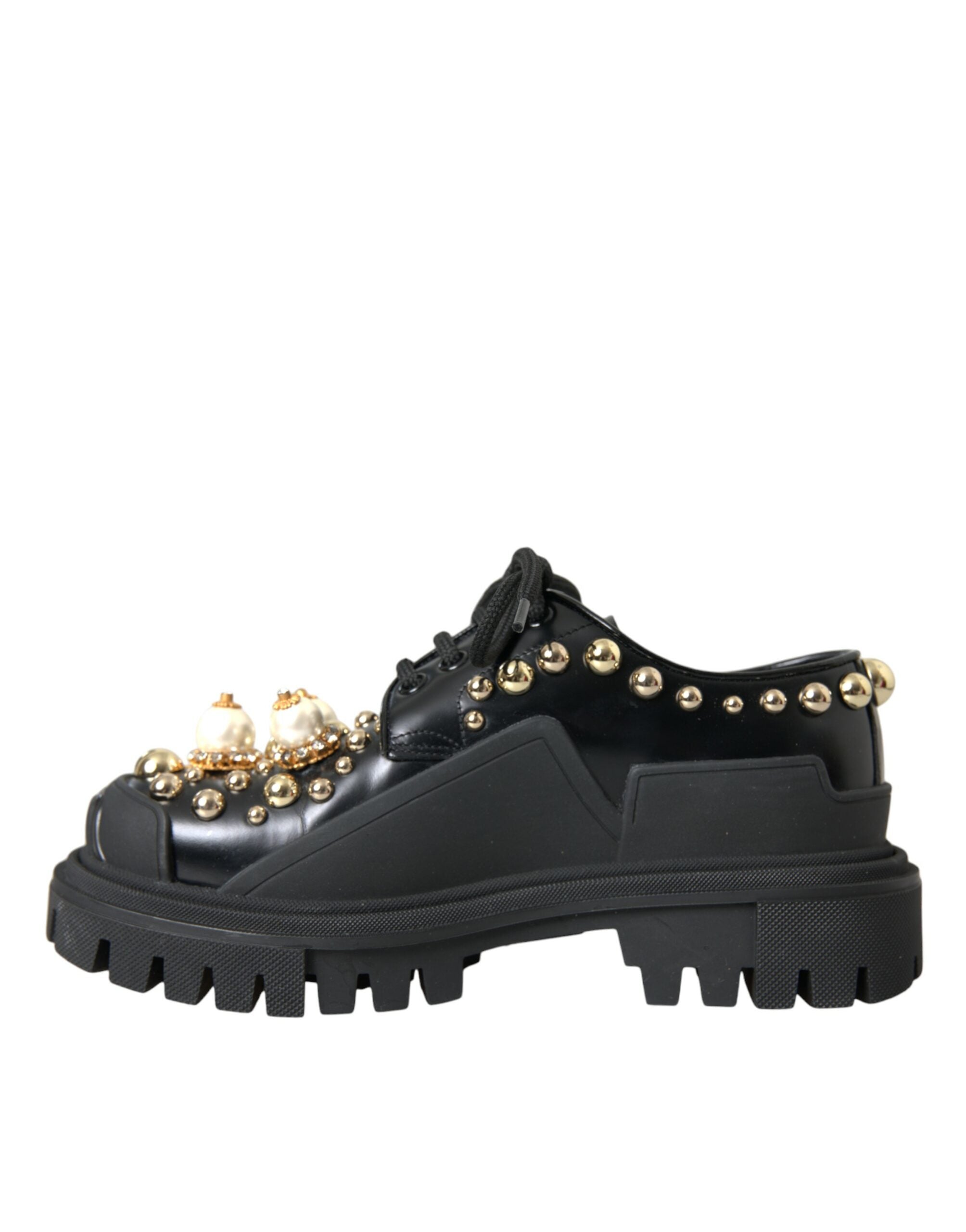 Dolce & Gabbana Black Leather Trekking Derby Embellished Shoes -   -  Dolce & Gabbana.