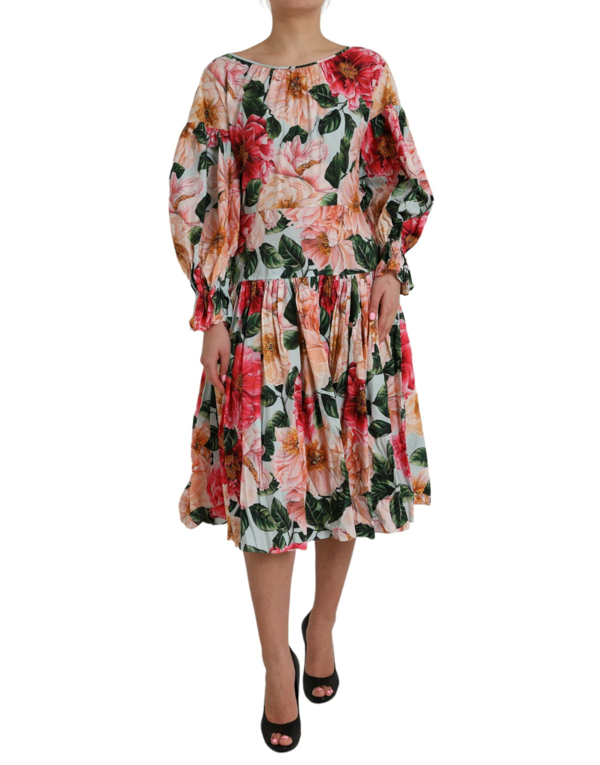 Dolce & Gabbana Multicolor Floral CottonAline Pleated Dress -   -  Dolce & Gabbana.