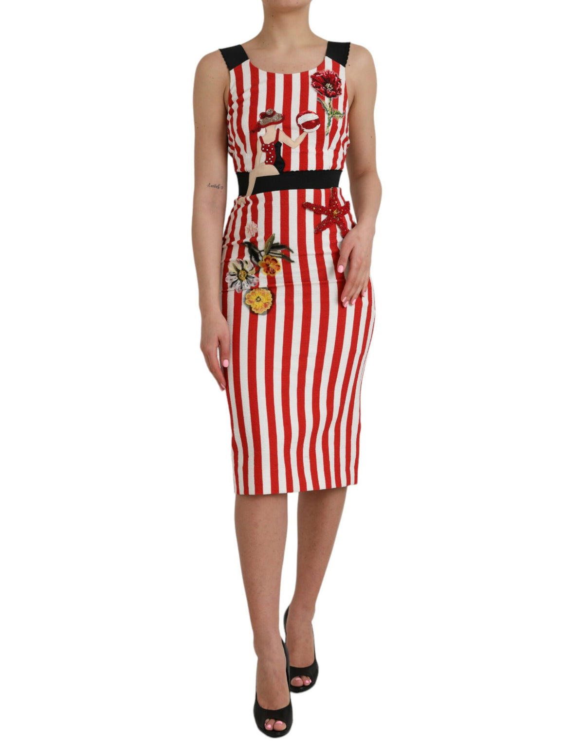 Dolce & Gabbana Red White Floral Sleeveless Sheath Midi Dress -   -  Dolce & Gabbana.