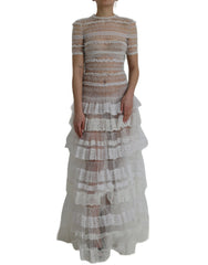 Dolce & Gabbana White Nylon Sheer Tiered Lace Maxi Dress -   -  Dolce & Gabbana.