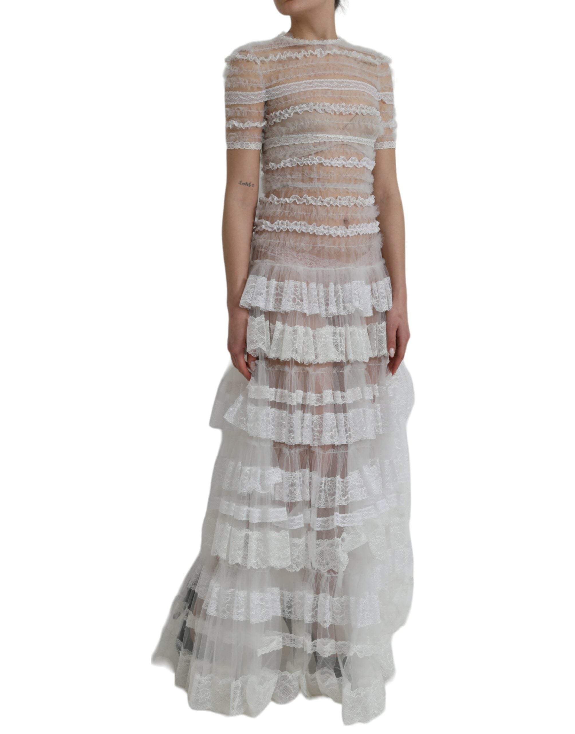 Dolce & Gabbana White Nylon Sheer Tiered Lace Maxi Dress -   -  Dolce & Gabbana.