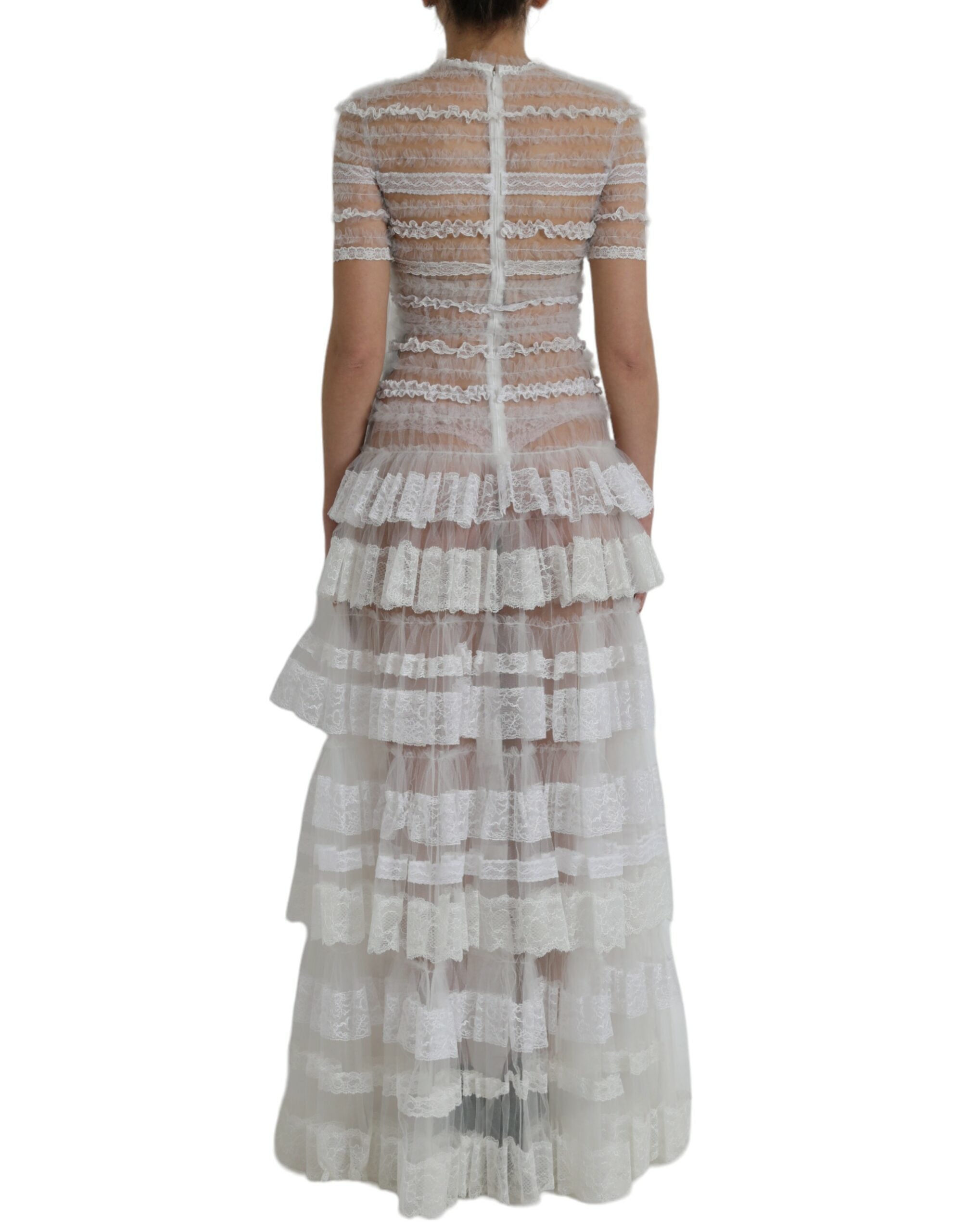 Dolce & Gabbana White Nylon Sheer Tiered Lace Maxi Dress -   -  Dolce & Gabbana.