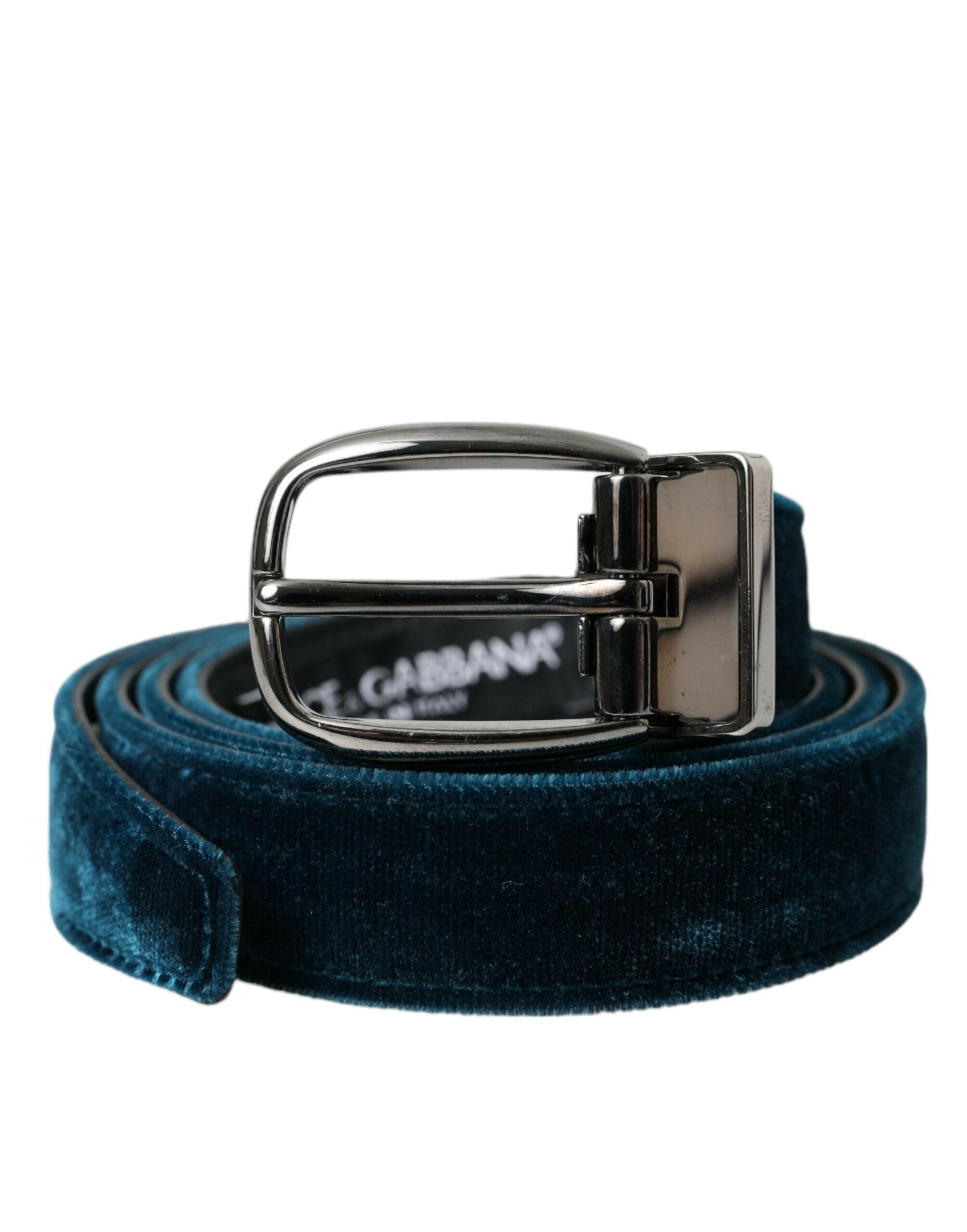 Dolce & Gabbana Blue Velvet Leather Silver Metal Buckle Belt -   -  Dolce & Gabbana.