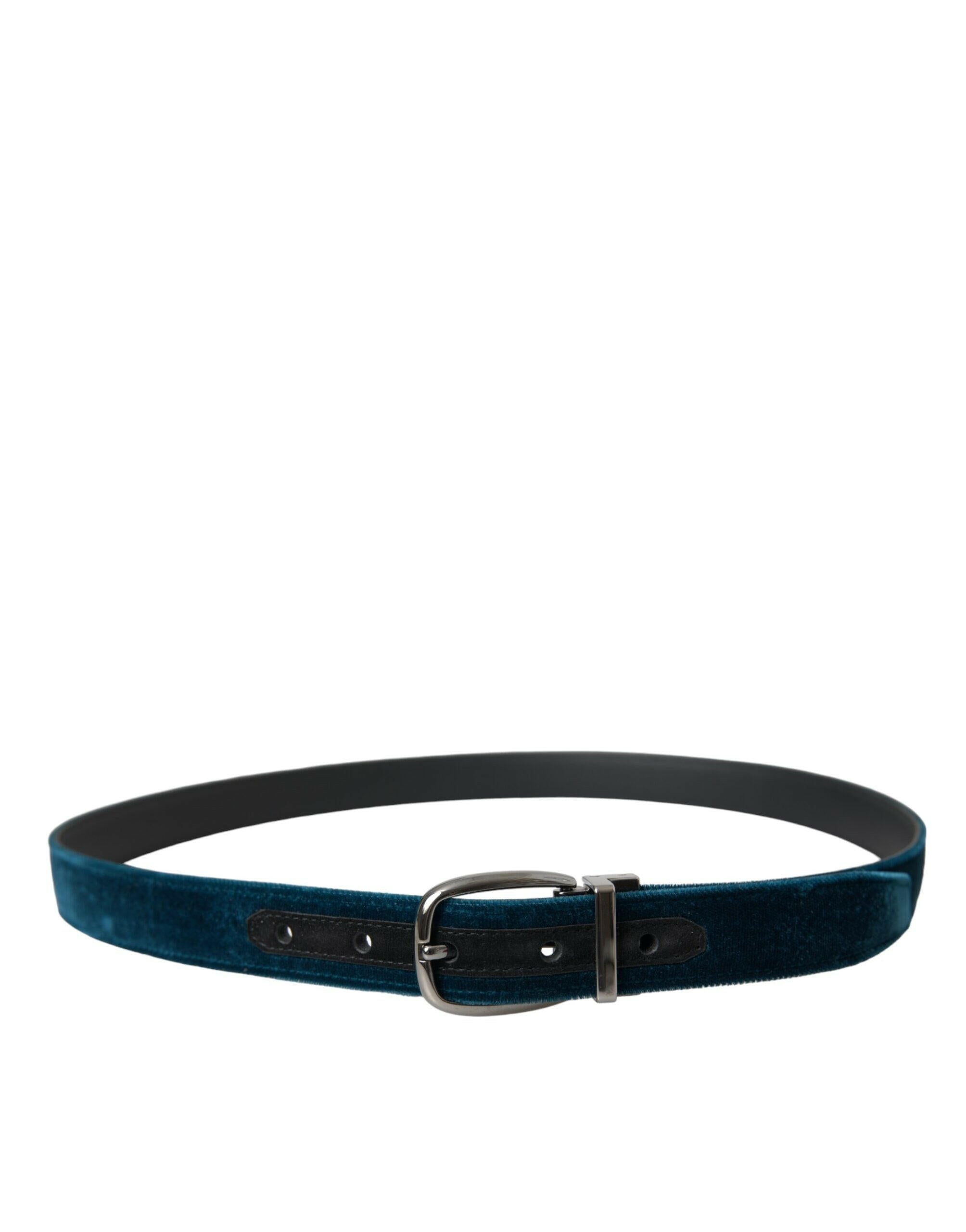 Dolce & Gabbana Blue Velvet Leather Silver Metal Buckle Belt -   -  Dolce & Gabbana.